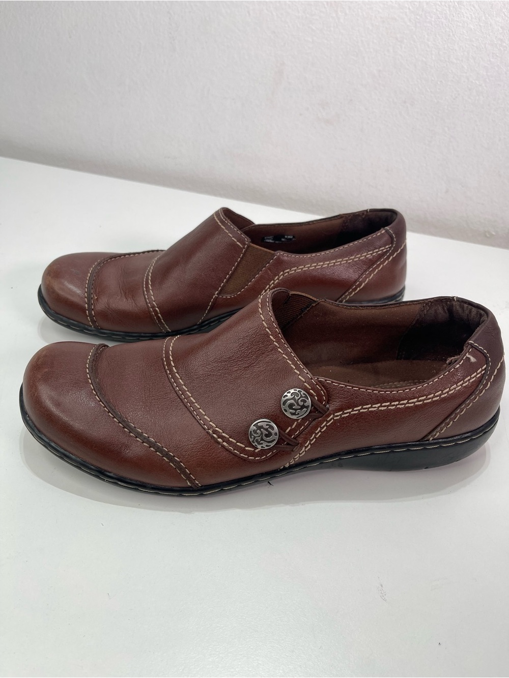 Clarks Bendables Brown Leather Slip On Shoes Women's 9.5 M Comfort Casual Boho